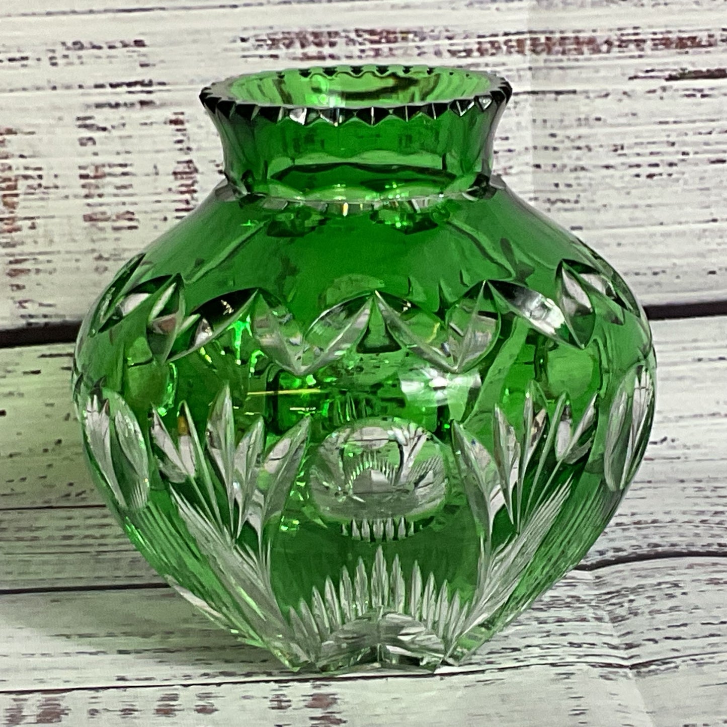 VTG. Bohemian Emerald Green Cut Crystal Round Vase- 4.5"