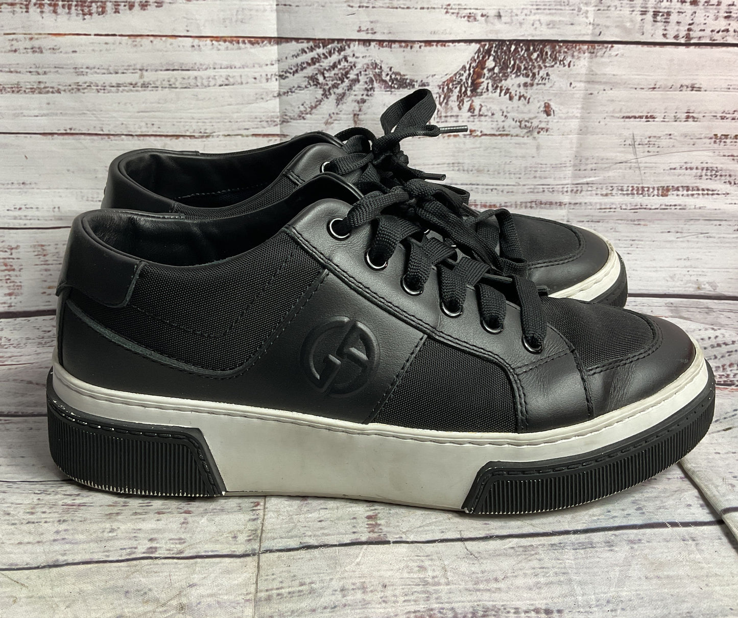 Giorgio Armani Men's Logo-Embellished Leather Sneakers Black 6.5