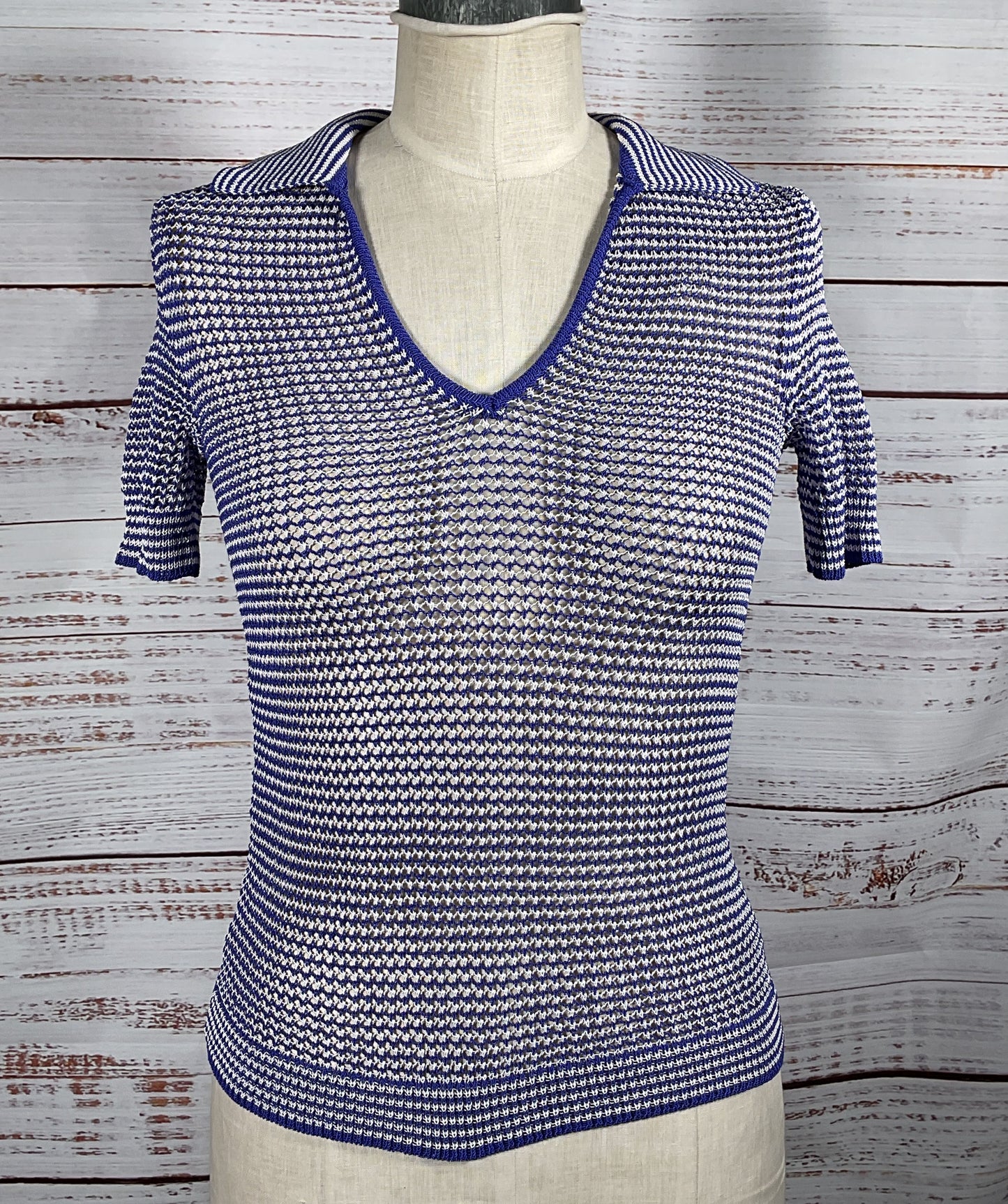 Staud Open Knit Polo Shirt Blue S