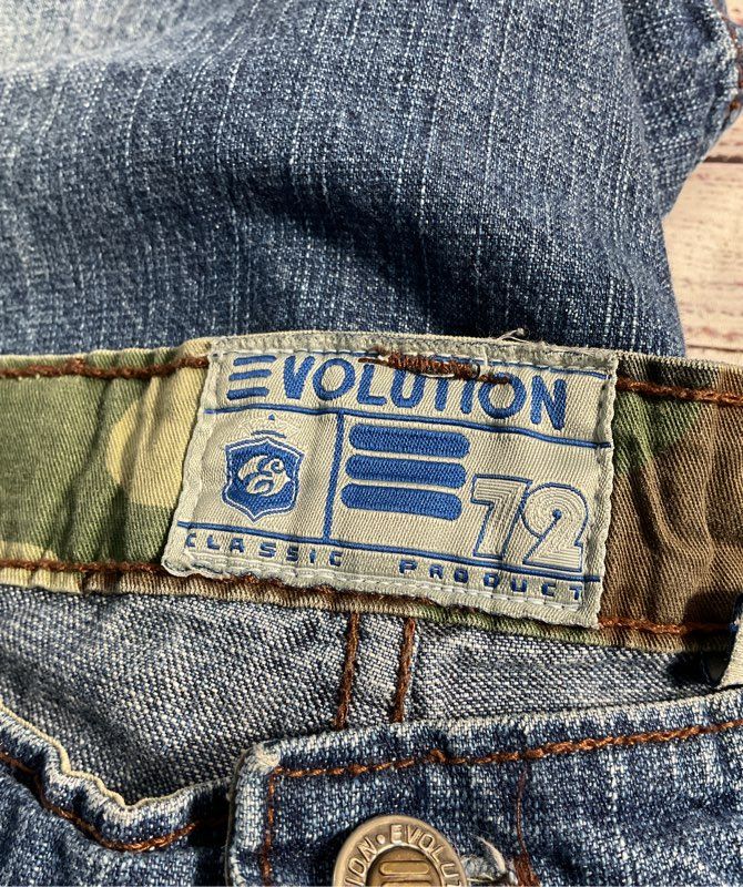 Vintage Evolution Men's Blue Denim Distress Green Camo Size 36 Cotton