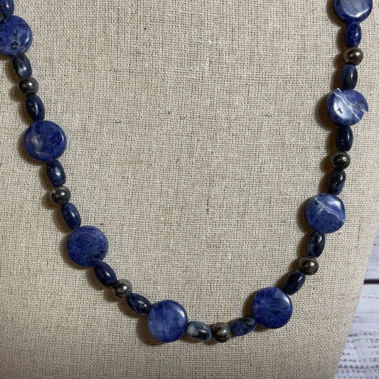 Sterling Silver Disc and Tubular Lapis Beaded 27" Necklace