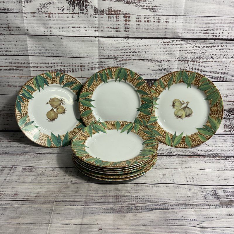 Limoges Laure Japy March Aux Herbes 7" Dessert Plates 9 pc French Porcelain Set