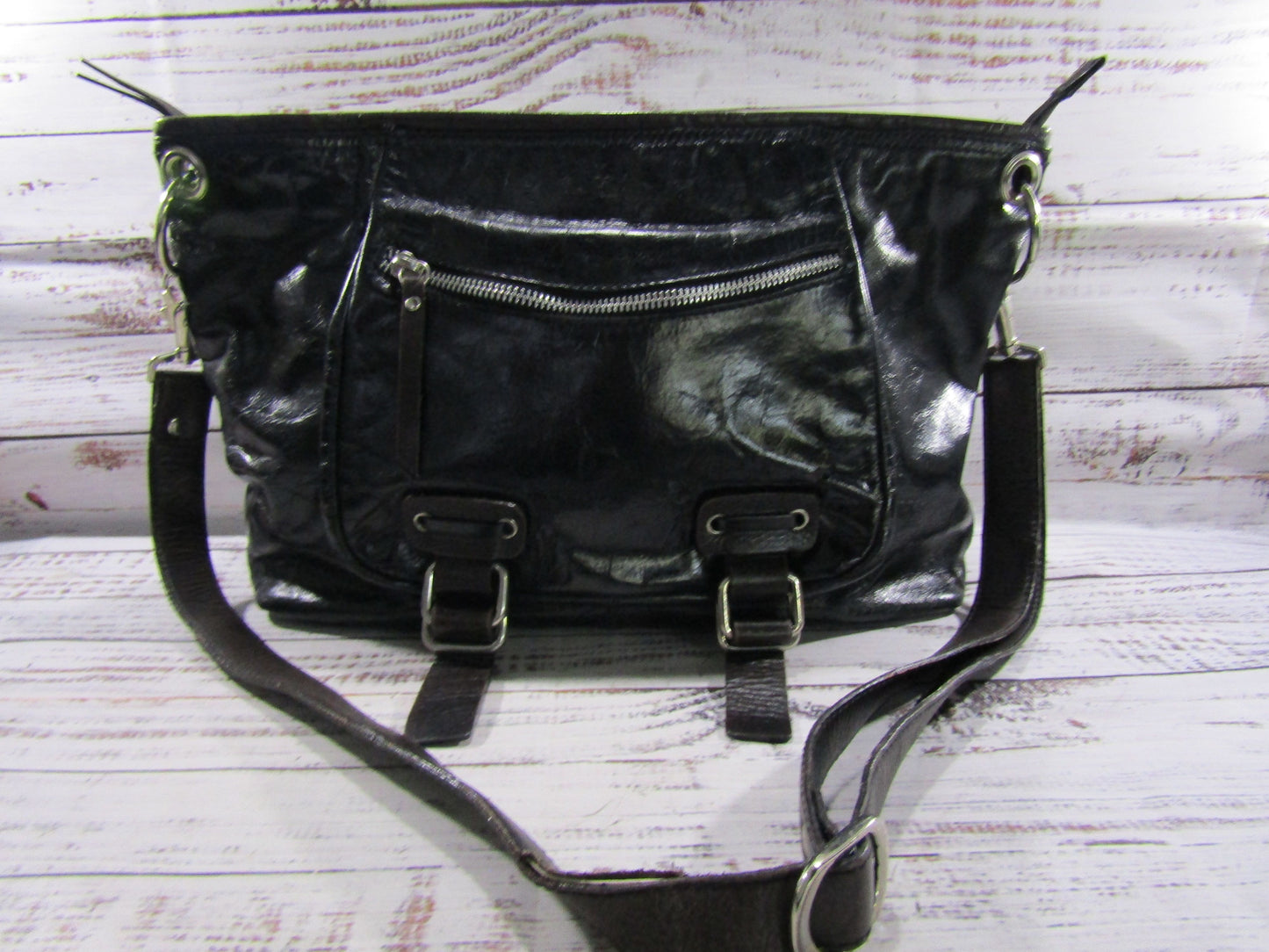 Nino Bossi Women's Distressed Black Leather Shoulder Bag