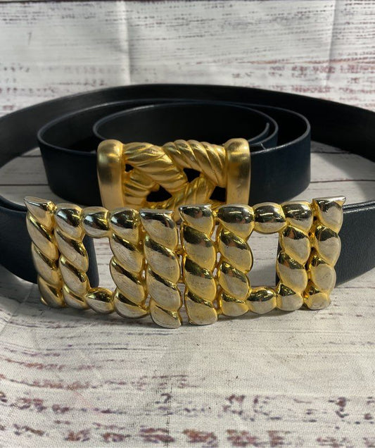 Vintage Lot of 2 Gay Boyer Women's Blue Leather Gold Buckles Belts