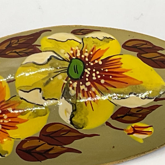 Signed VTG. Flower Floral Hand Painted Lacquer Brooch- 2"