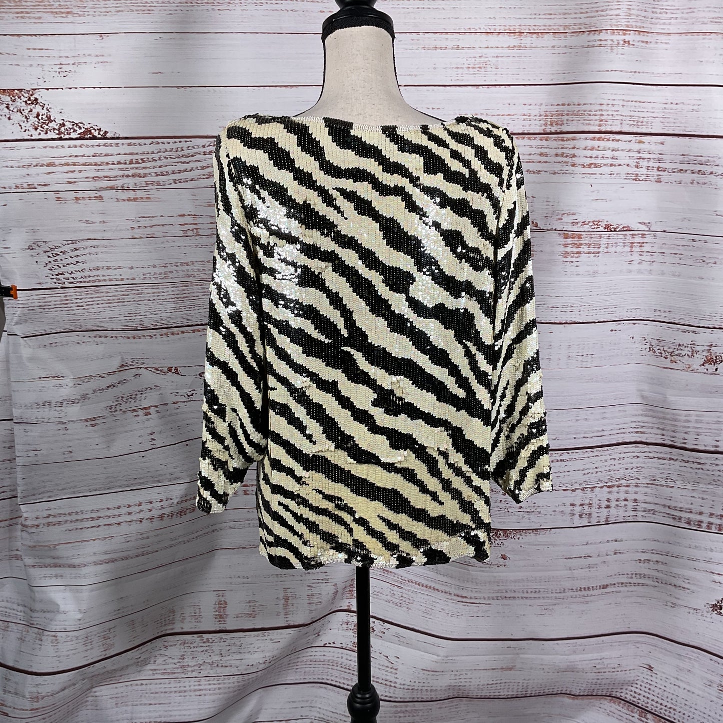 St. Martin Zebra Pattern White Black Sequin Long Sleeve Blouse - Size See Photos
