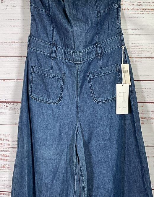 Pilcro Anthropologie Strapless Denim Wide Leg Jumpsuit Blue 8