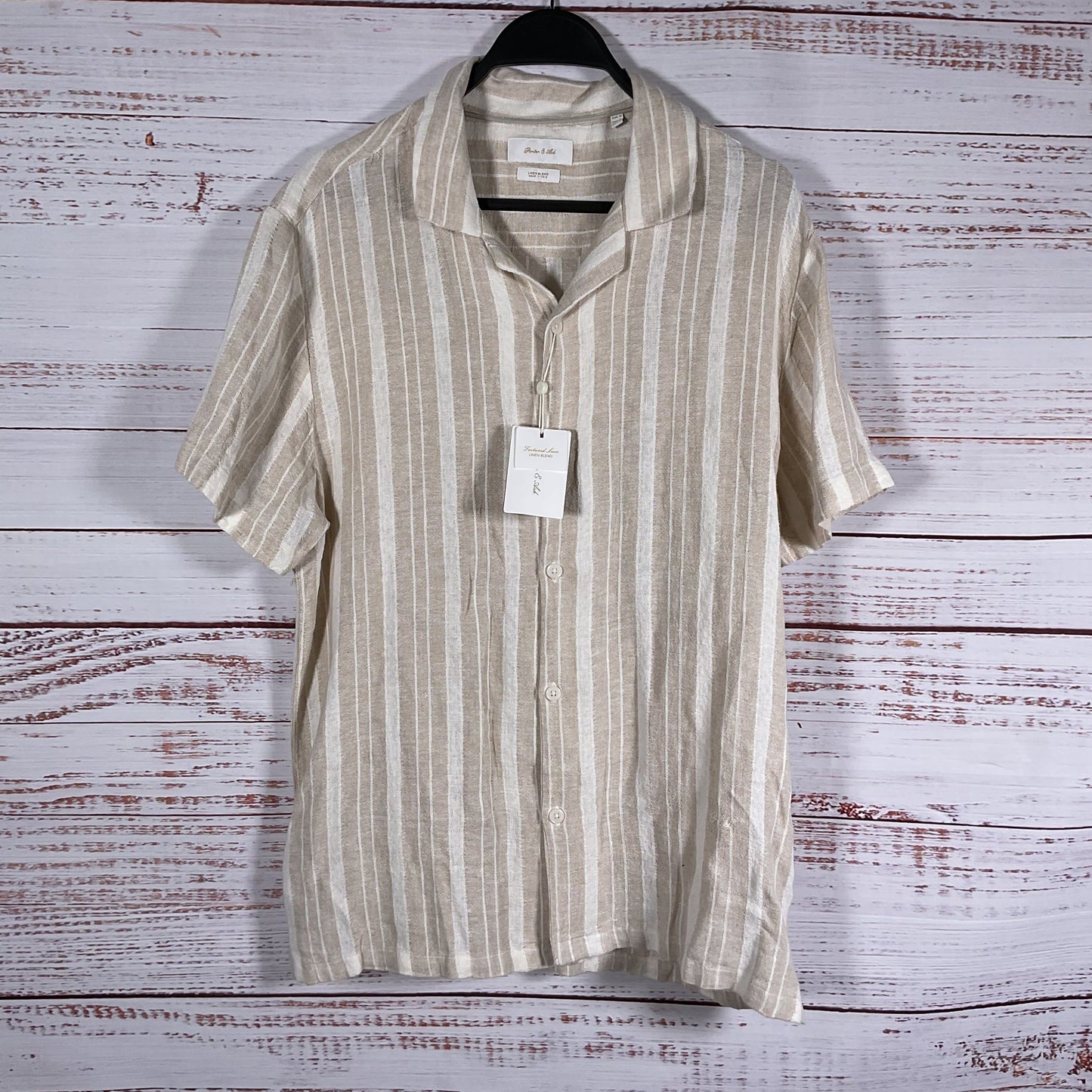 Porter & Ash Beige White Stripe Button Up Short Sleeve Shirt - Size M New