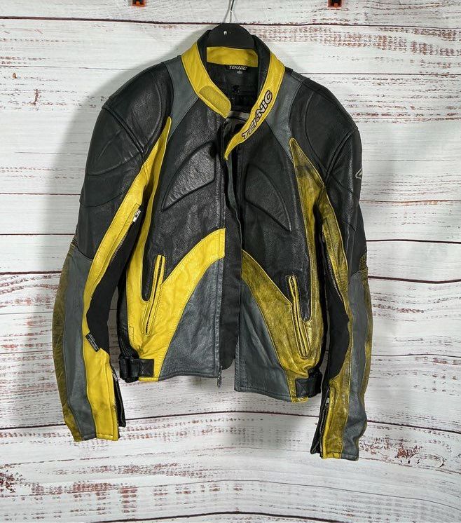Men's Teknic Black/ yellow Leather Motorcycle Jacket Size 44/L AS IS