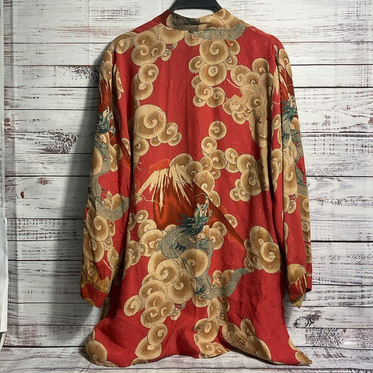 VTG. Citron Red Silk Dragon Pattern Mandarin Collar Button Up Tunic Blouse sz S