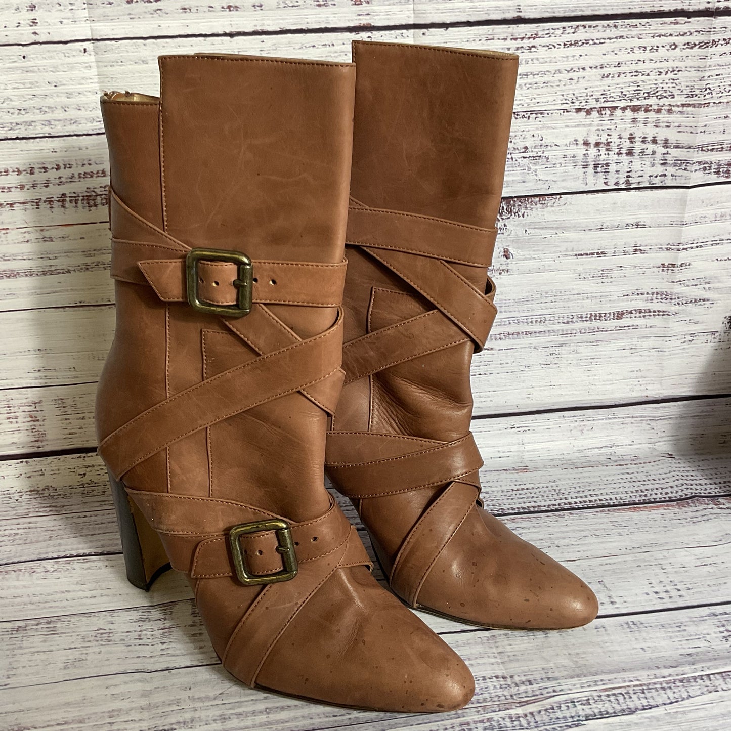 MANOLO BLAHNIK Women's Brown Leather Strap Mid Calf Boots- SZ 37.5