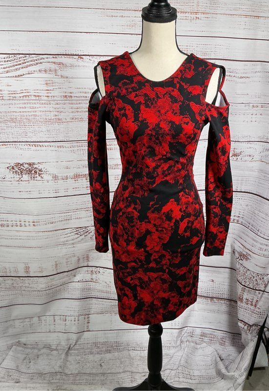 NWT Women's Parker Red and Black Cold Shoulder Dress Size S Retail $298