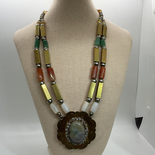 VTG. Artisan Brass and Silver Tone Multi Color Jade & Agate Beaded Necklace- 24"
