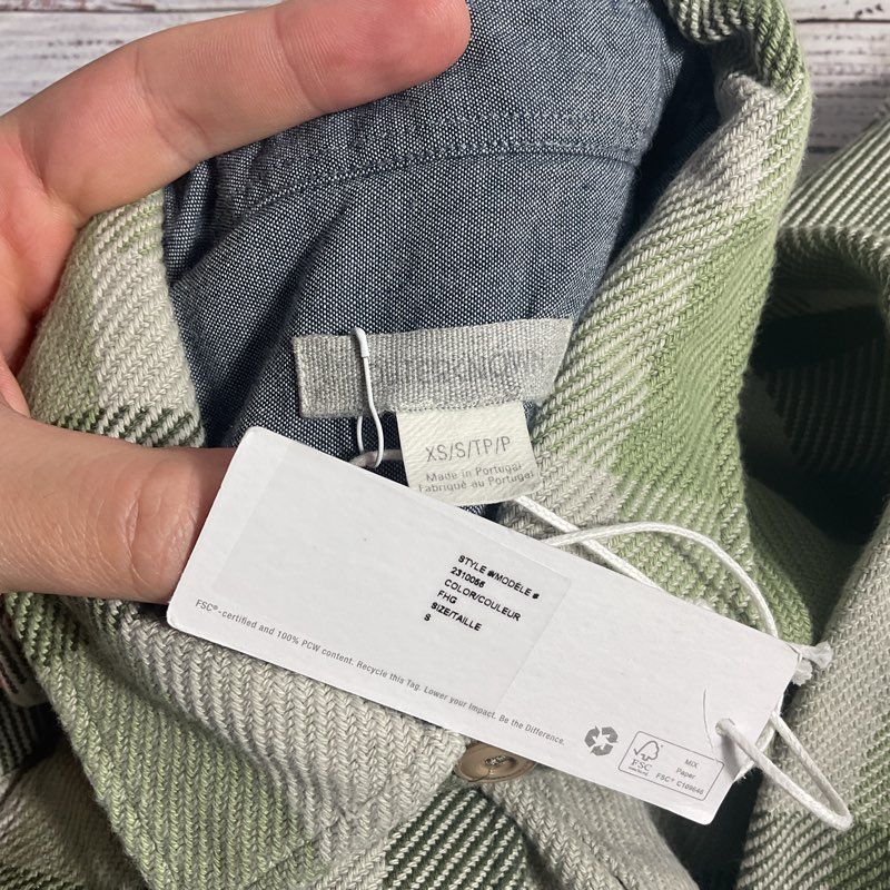 NWT Outerknown Blanket Shirt Green Plaid Twill Cotton Button Up Shirt - Size XS