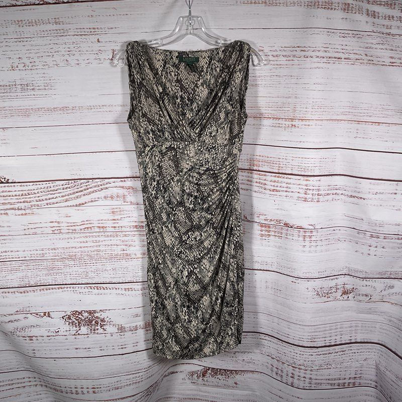 Lauren Ralph Lauren Gray Snake Print Sleeveless Low Cut Midi Dress - Size 8