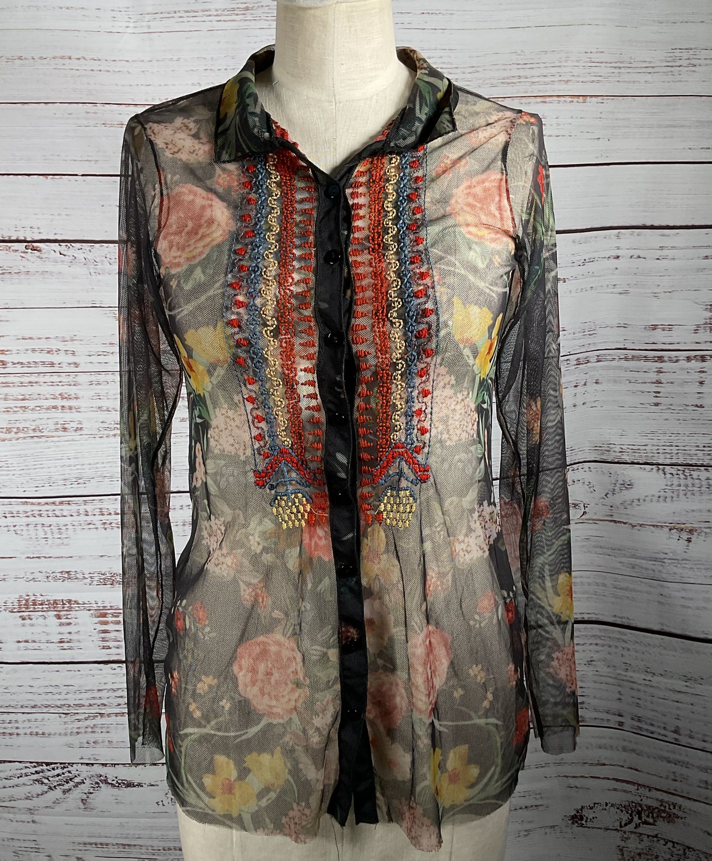 Biya By Johnny Was Sheer Floral Shirt Multicolor S