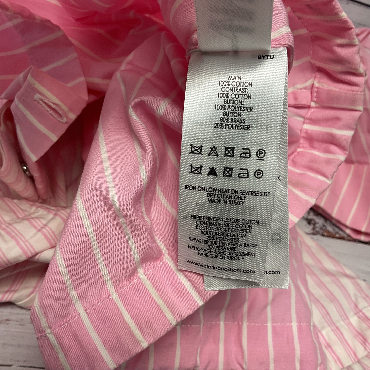 Victoria, Victoria Beckham Pink White Stripe Short Sleeve Button Up Shirt Size 2