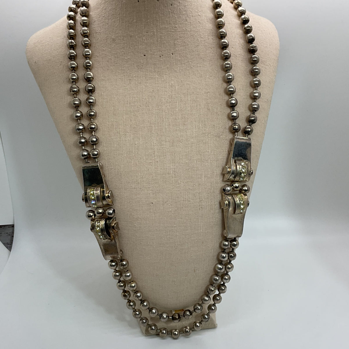VTG IKUO ICHIMORI Paris Silver Plate Beaded & Rhinestone Statement Necklace- 31"