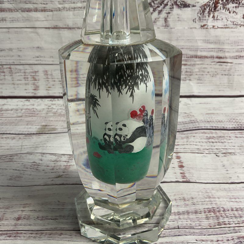 Vintage Reverse Painted Pandas 8" Crystal Bud Vase