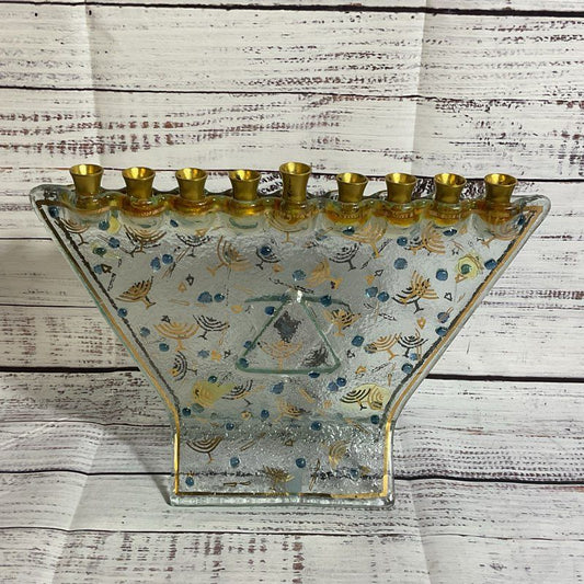 Judaica Art Glass Menorah with Brass- 8.25" x 11"