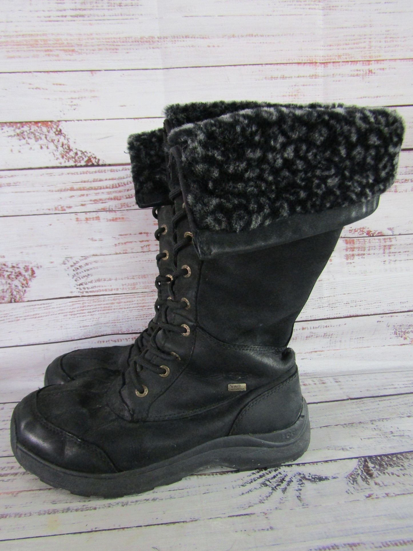 UGG Adirondack Tall III Leopard Women's Black Leather Snow Boots 1018330