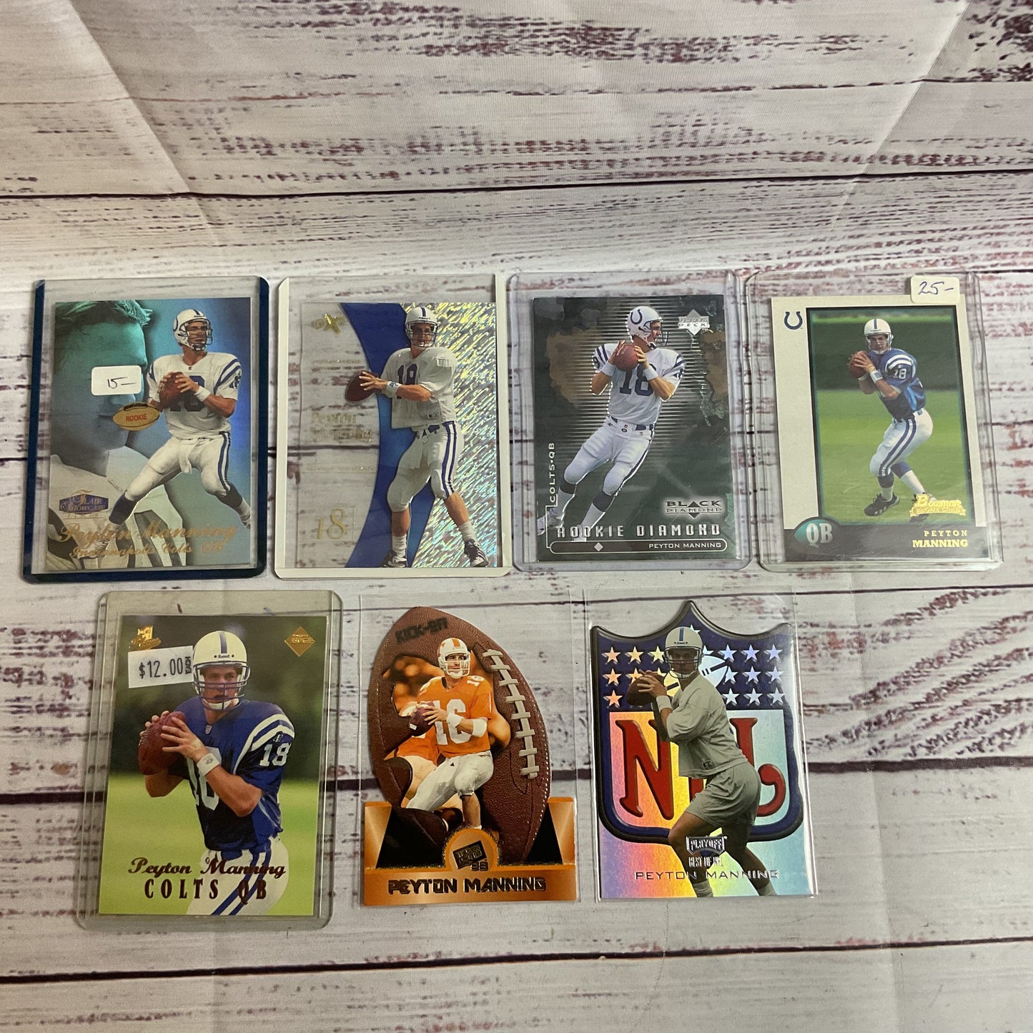 Set of 7 PEYTON MANNING Rookie Cards- Fleer, Skybox, Upper Deck, Bowman, Playoff