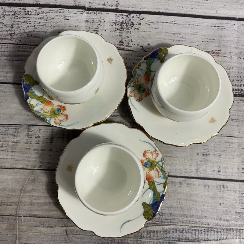 Auratic Happiness Heming 7 Pc Tea Cup Saucer Tea Pot Set 24k Gold Trim Porcelain