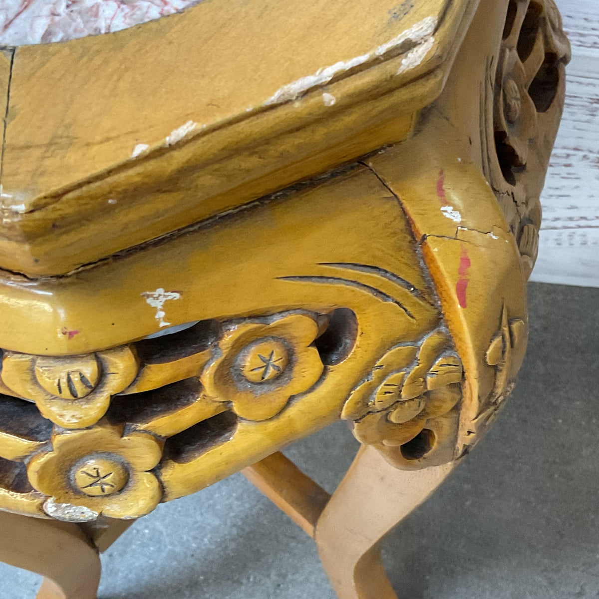 VTG/ANTIQUE Chinese Chinoiserie Carved Wood & Marble Plant Stand Table-14" x 24"