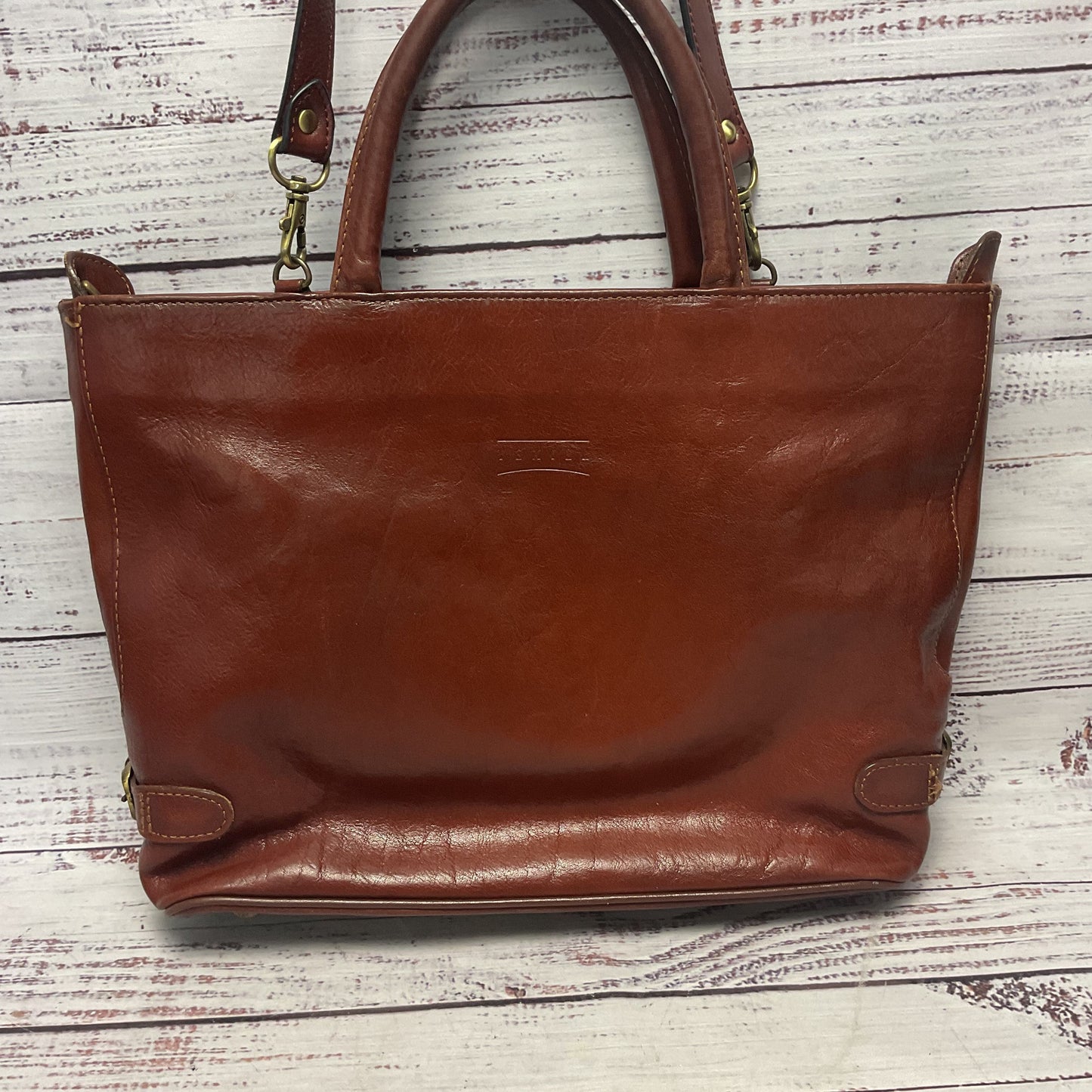 Texier Brown Leather Shoulder Top Handle Purse Bag 12"x4"x9"