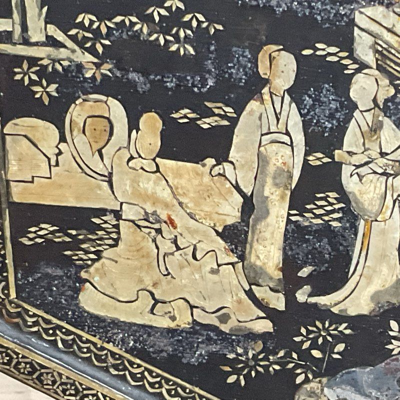 ANTIQUE Chinese Qing Dynasty Wood Metallic Inlaid Lacquer Decorative Piece-11.5"