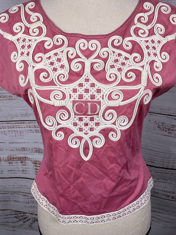 Christian Dior Women's Pink With White Embroidered Top Size 9 Cotton