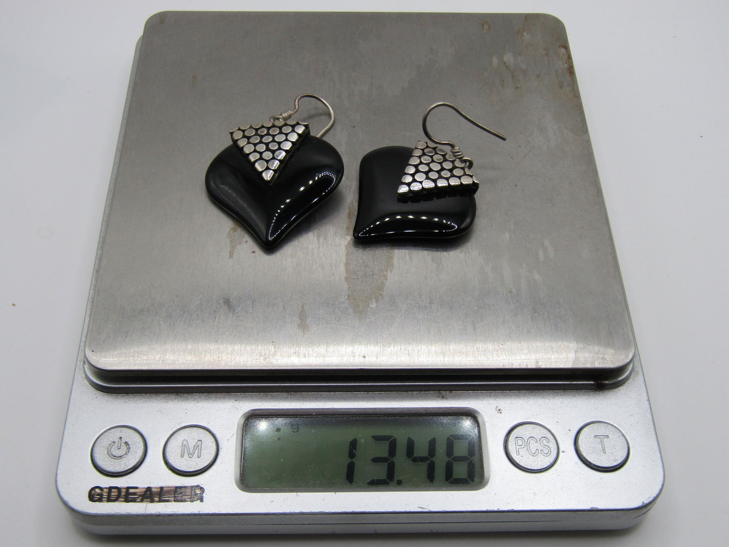 Vintage Sterling Silver Dot Heart Onyx Drop Dangle Earrings