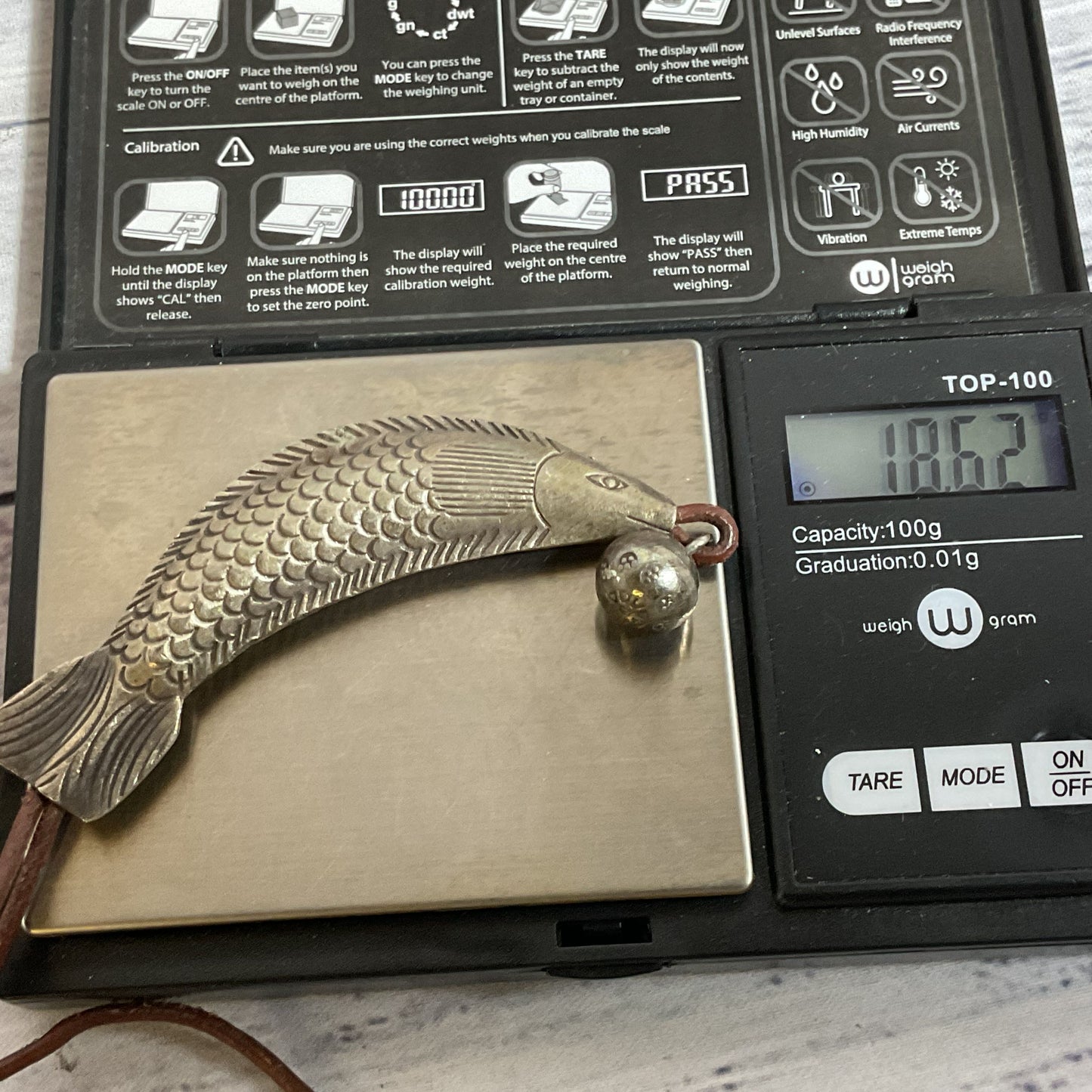 Sterling Silver 3.75" Fish Pendant Leather Cord Necklace- 18.62