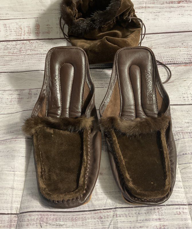 Taryn Rose Women's Brown Faux Fur Velvet Leather Bottom Slippers Size 37