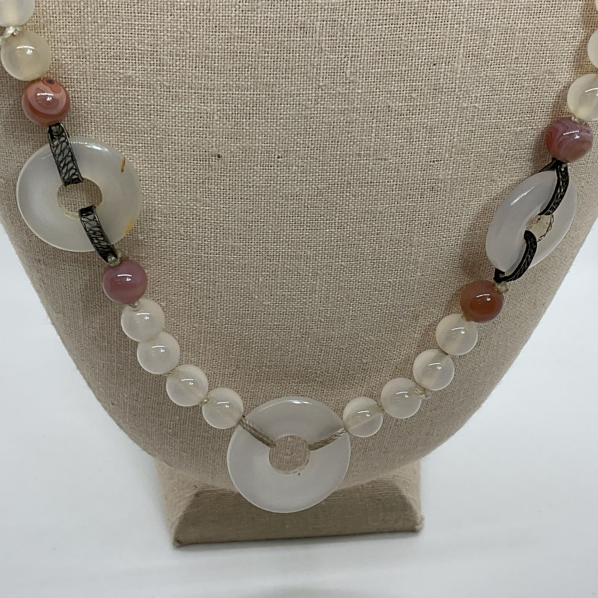 VTG. Sterling Silver Jade Beaded Necklace- 28.5"