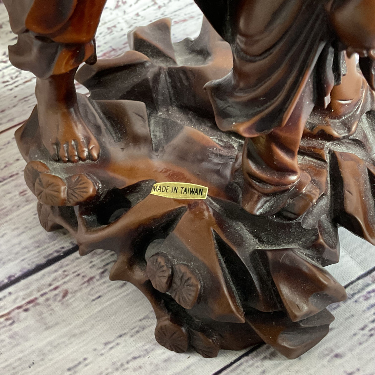 VTG./ANTIQUE Wood Carved Chinese Man, Child and Bat- 9"