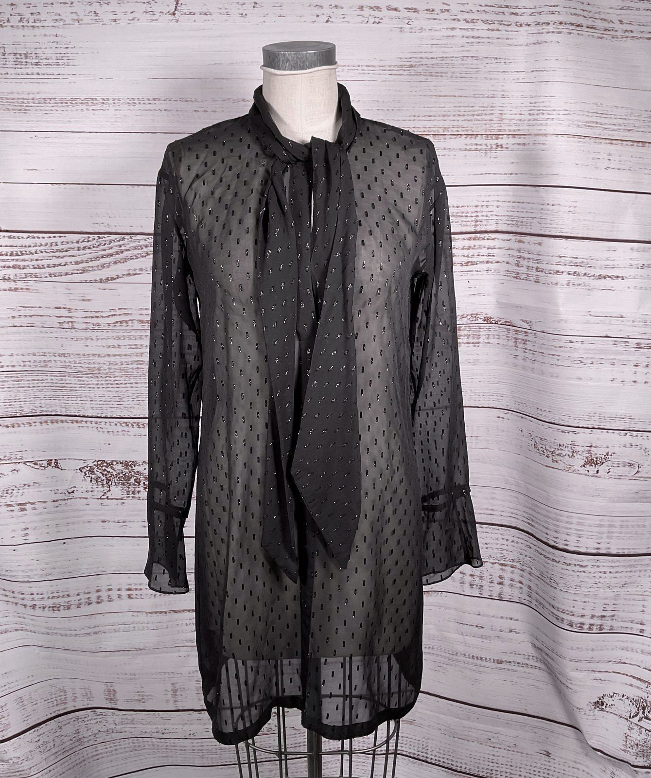 Theory Silk Chiffon Metallic Stitching Scarf Shirt Dress Black 6