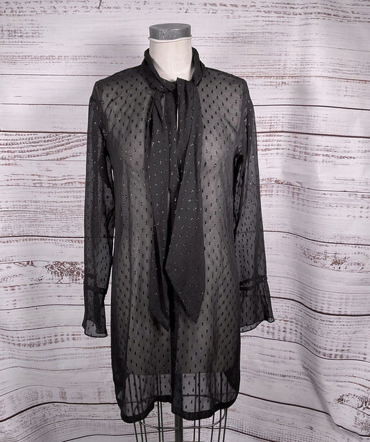 Theory Silk Chiffon Metallic Stitching Scarf Shirt Dress Black 6