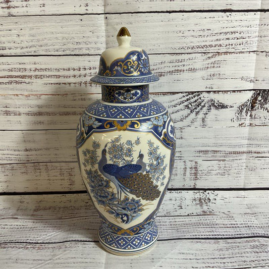 VTG. PANDA Pottery Peacock Motif Jar with Lid- 10.5"
