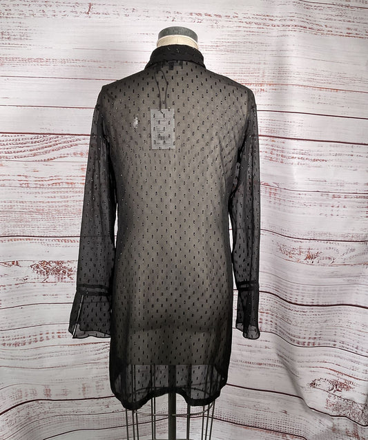 Theory Silk Chiffon Metallic Stitching Scarf Shirt Dress Black 6