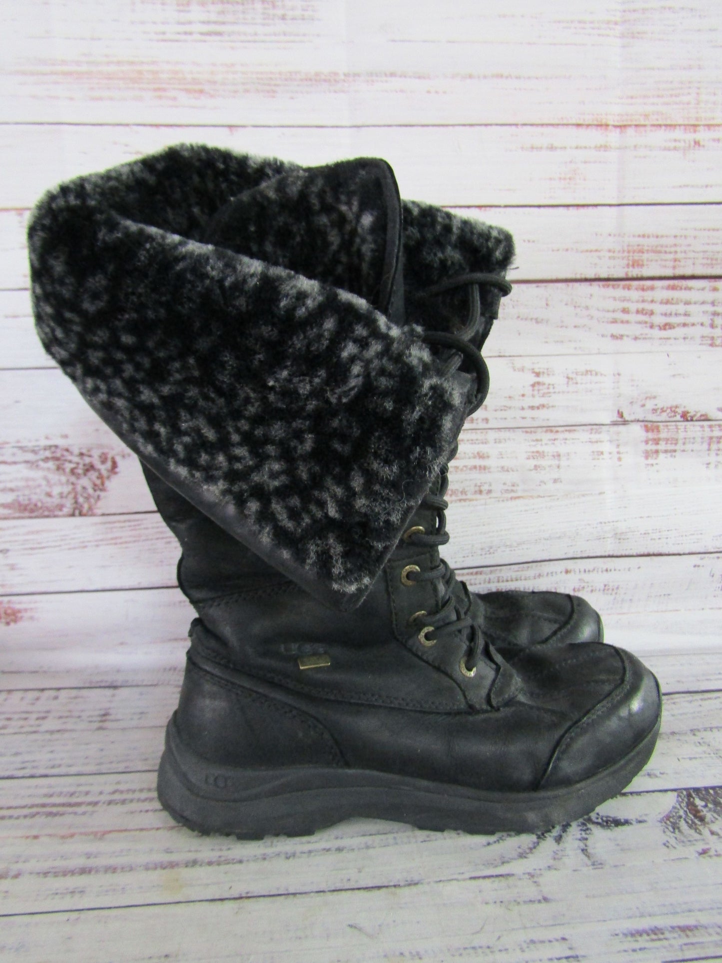 UGG Adirondack Tall III Leopard Women's Black Leather Snow Boots 1018330