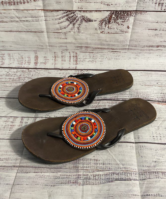 Global Girls Women's Dark Brown Leather Beaded Masia Macho Sandals Size 39