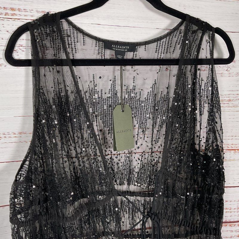 NWT AllSaints Robyn Black Shear Sequin Embellished Wrap Dress - Size 10