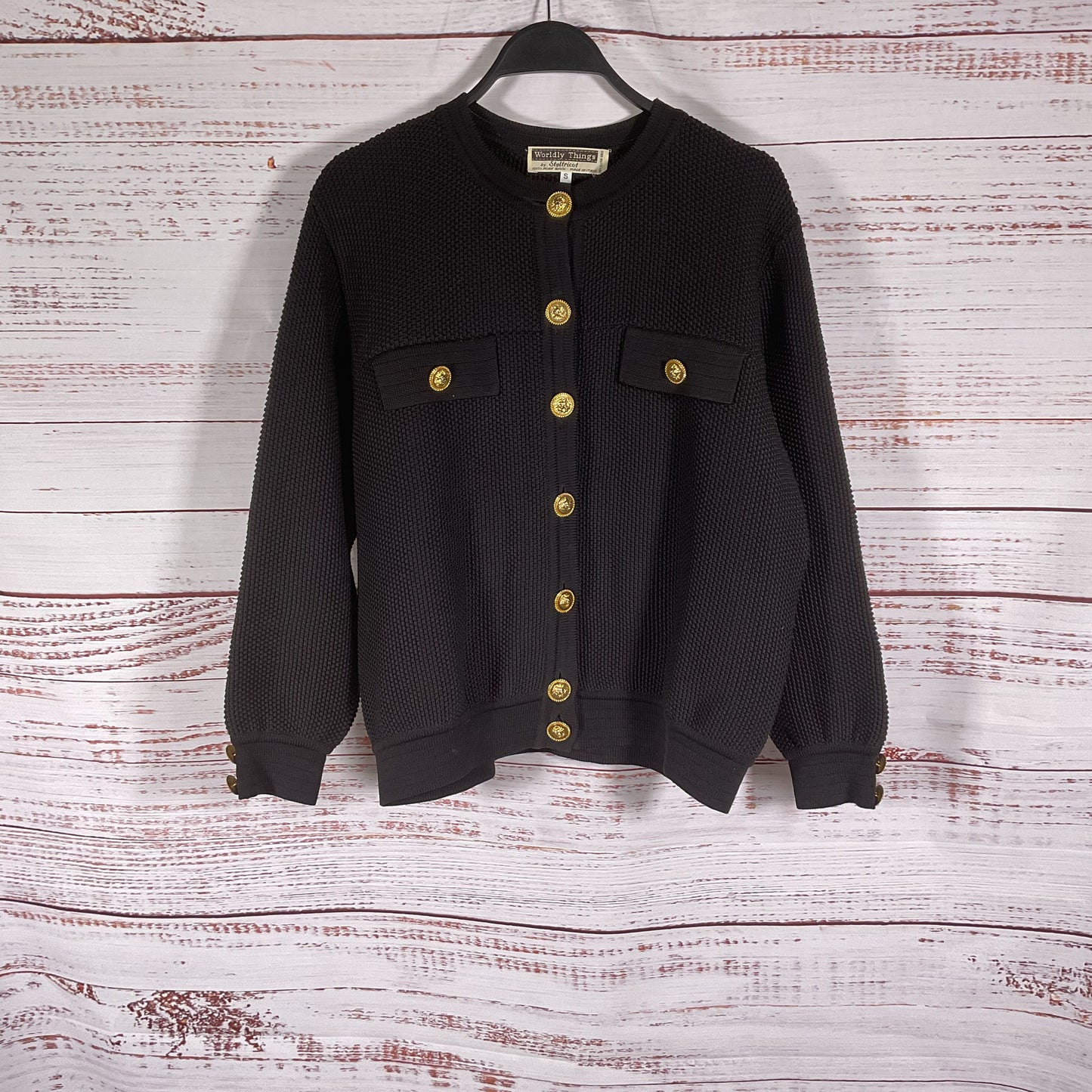 Worldly Things By Styltricot Black Knit Gold Tone Button Sweater Cardigan Size S