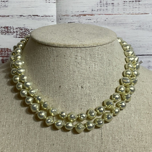 VTG. LES BERNARD Silver Tone Faux Pearls and Rhinestone 2-Strand Necklace- 15"