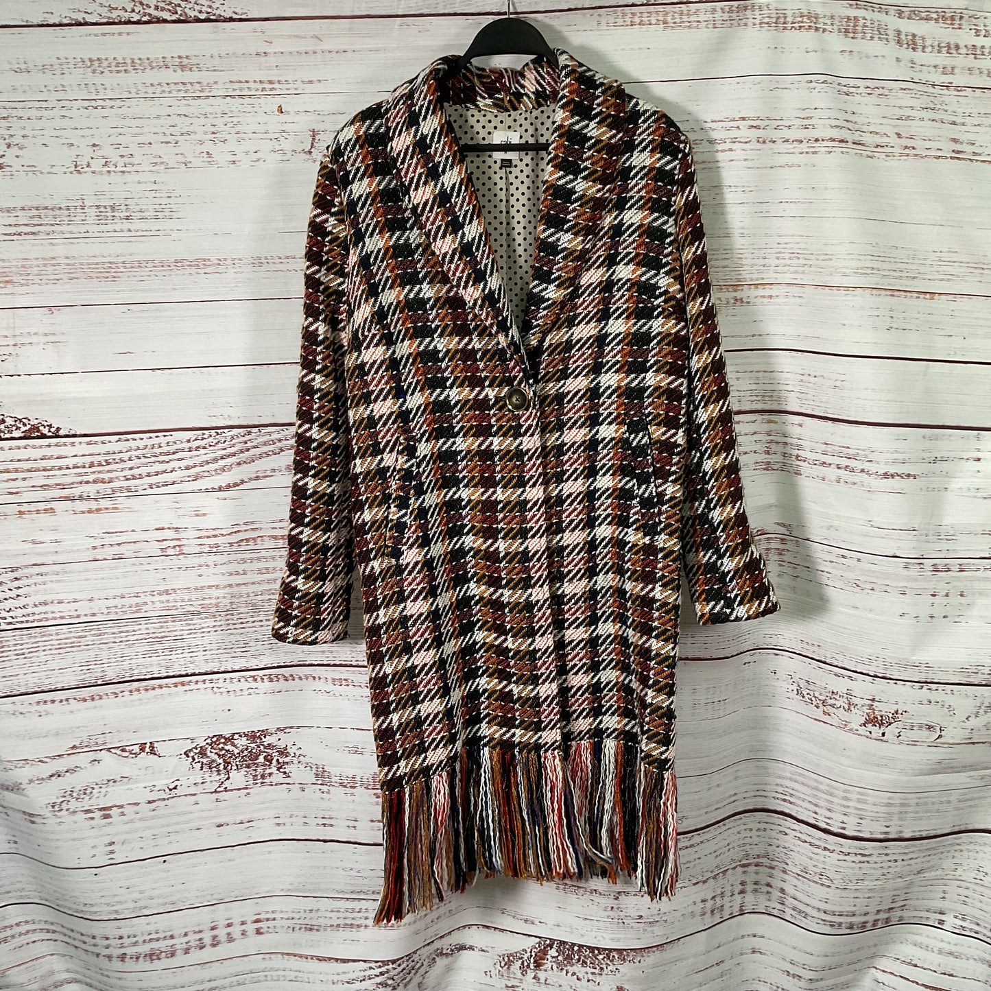 Cabi Regency Multicolor Plaid Fringe Wool Blend Coat - Size M