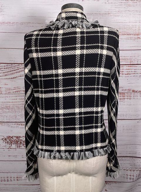 St. John Collections Vintage Plaid Fringe Trim Jacket Black White 12