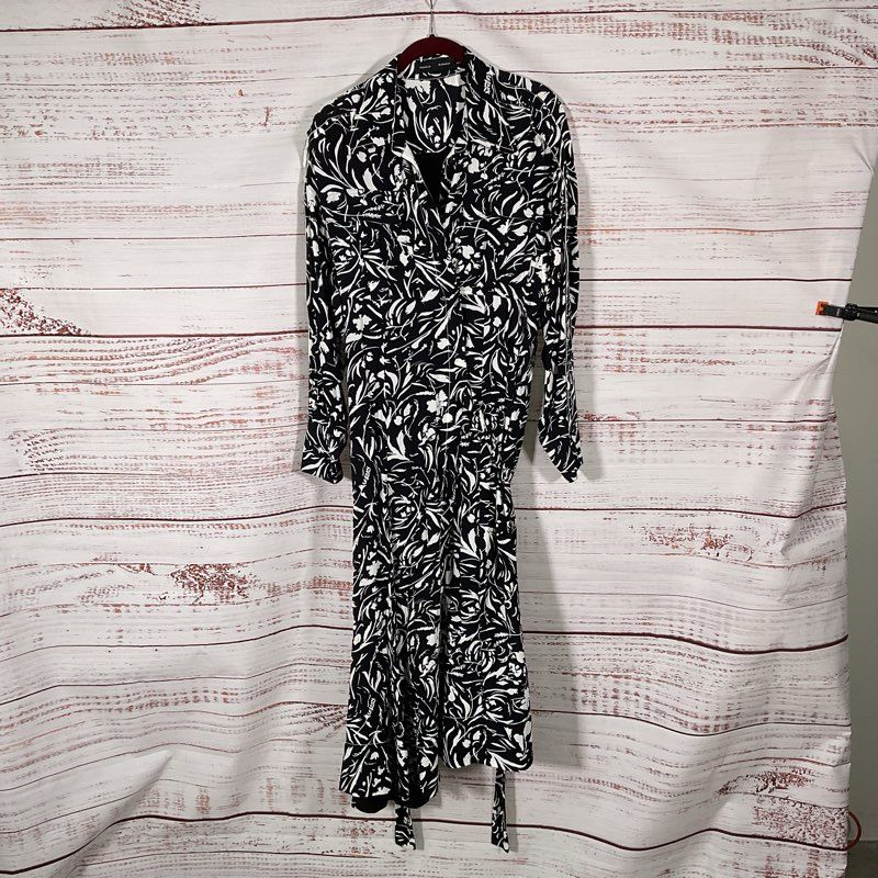 Proenza Schouler Crepe De Chine Black & White Floral Wrap Midi Dress Size 9