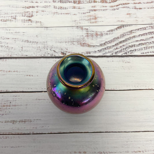 Kent Fiske Iridescent Rainbow Cobalt Blue Glass Round Mini Vase 3"