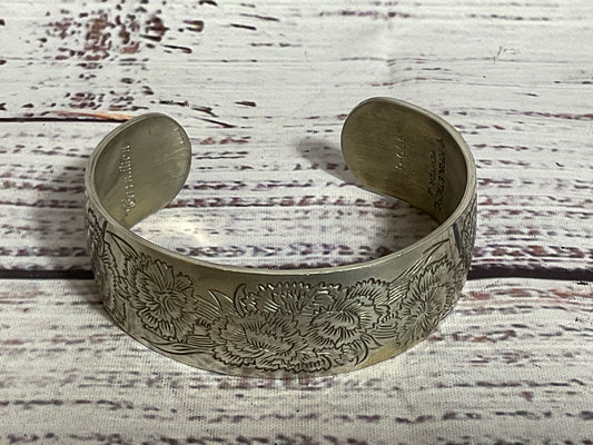 KIRK STIEFF Birth Month "Carnation" Flower Pewter Cuff Bracelet